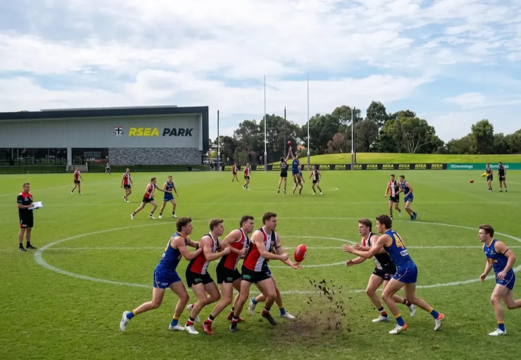 A Group of Players Practising Football in Moorabbin Oval 