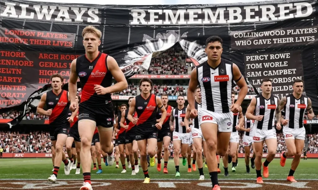 AFL Players Run Out on ANZAC Day Beneath a Tribute Banner