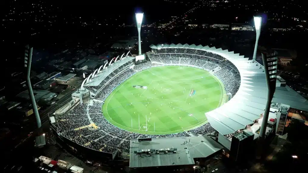 An Aerial View Inside the GMHBA Stadium at Night