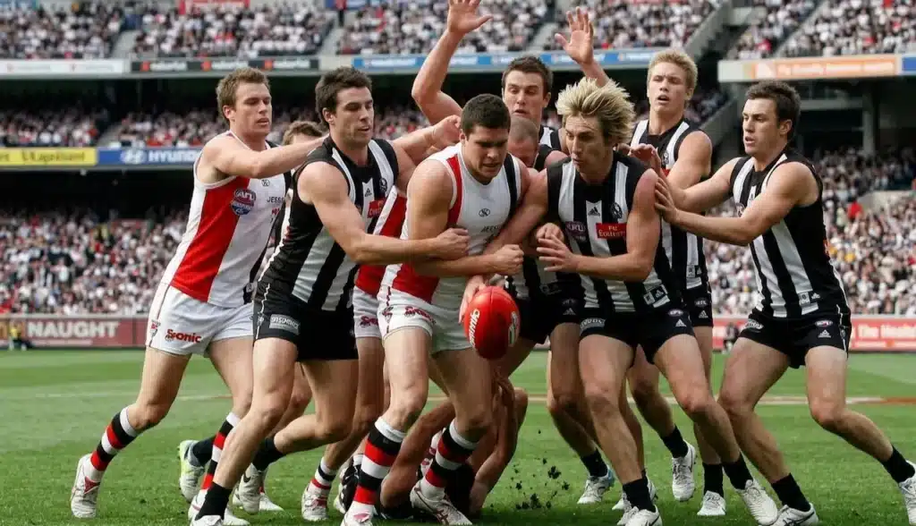 Collingwood and St Kilda Players Contesting the Ball 